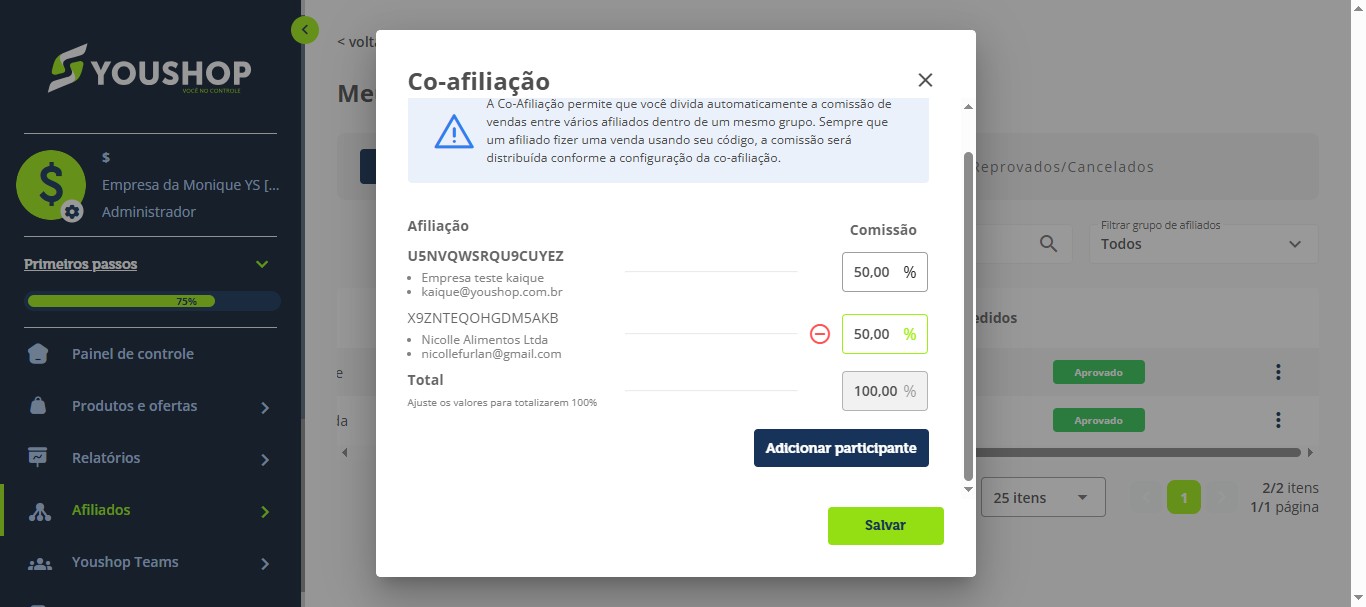 Defina a porcentagem de comissão de cada participante e clique em “Salvar”.
