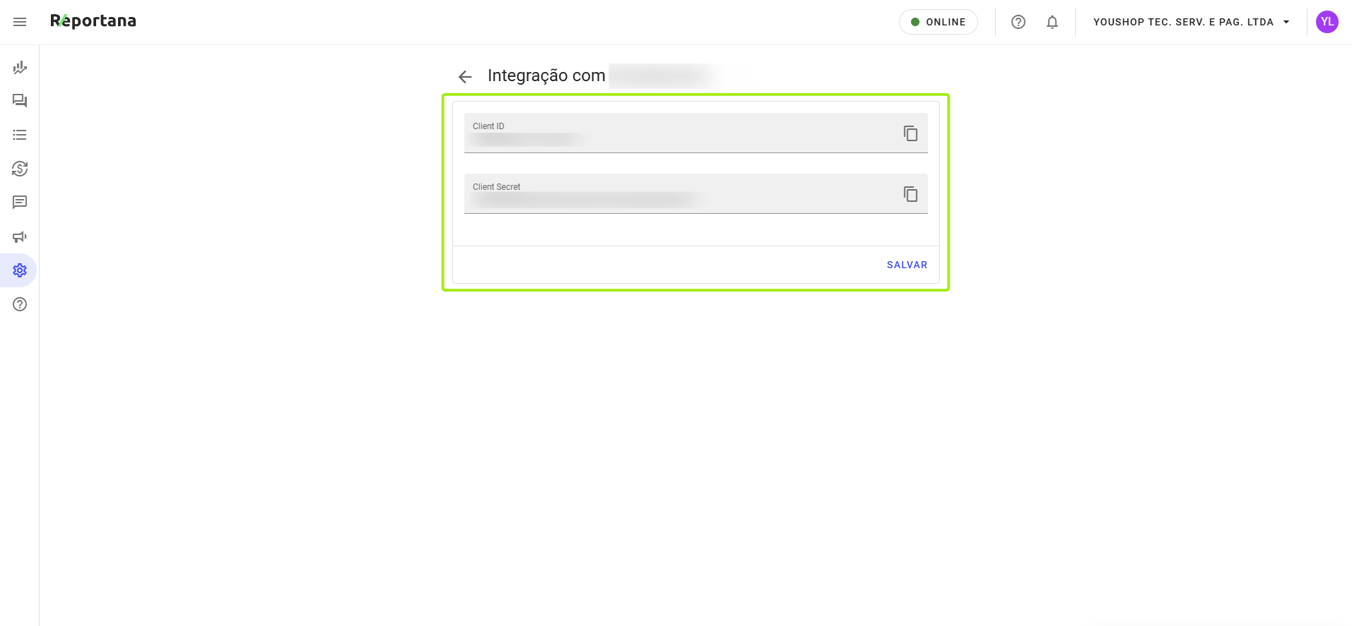 Na Reportana, localize e copie o CLIENT ID e o CLIENT SECRET.