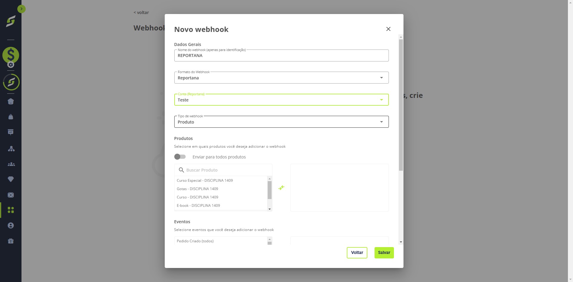 Em Tipo de webhook, escolha se deseja enviar eventos de Produto ou Oferta.