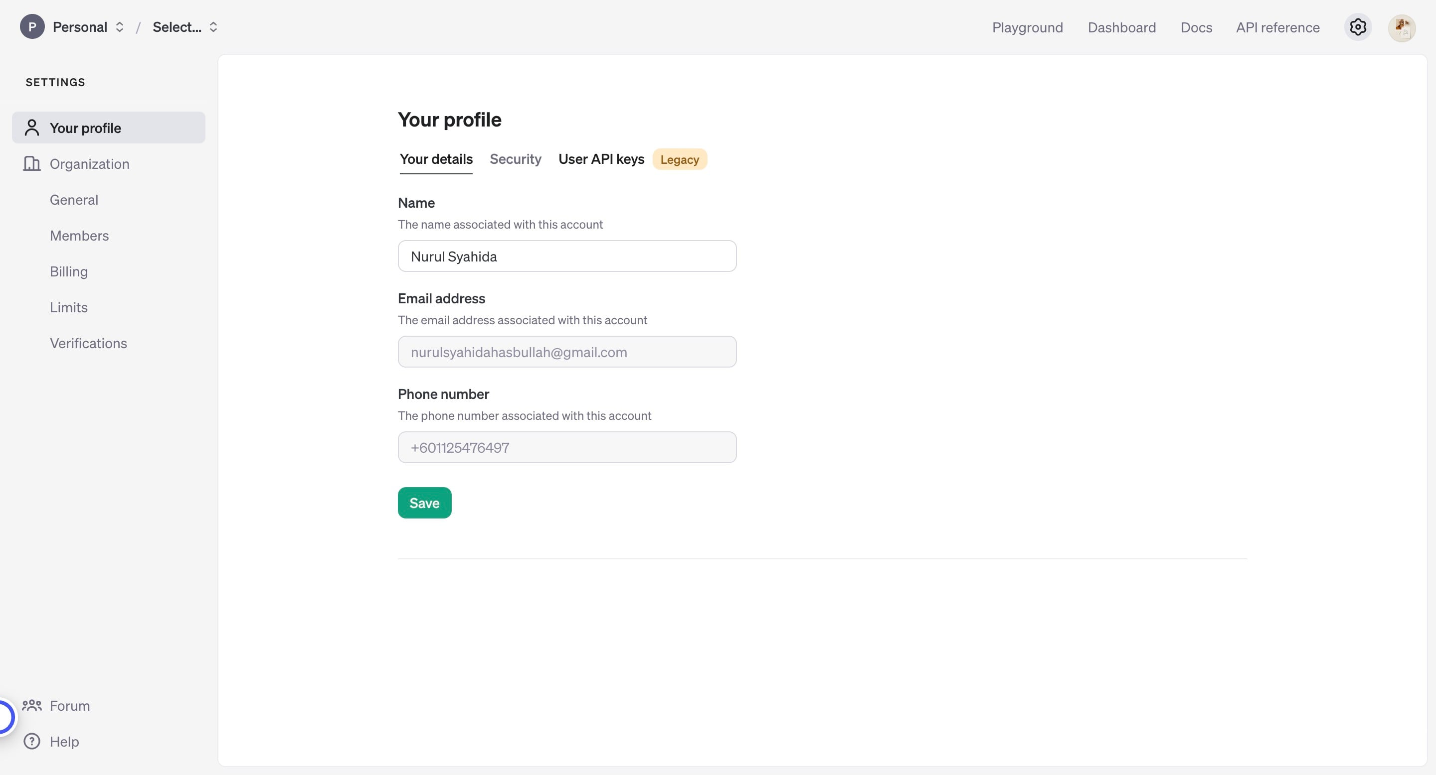 Click on "User API keys"