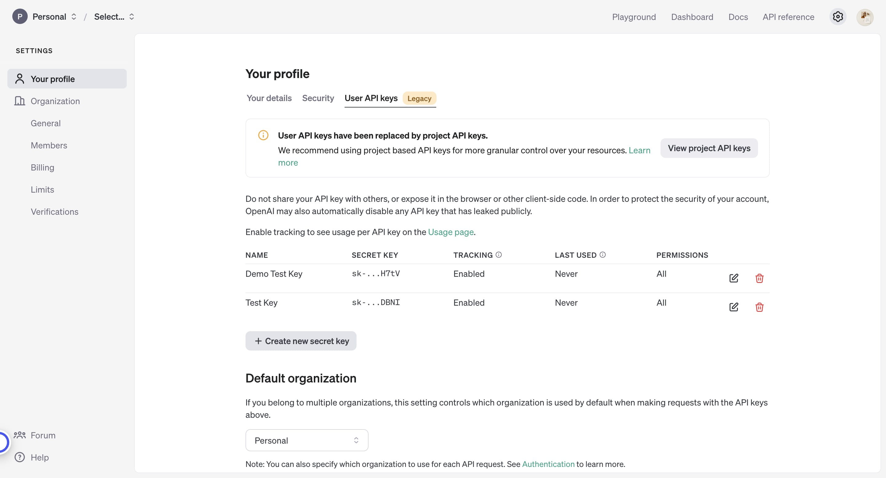 Click on "Create new secret key" to create API key
