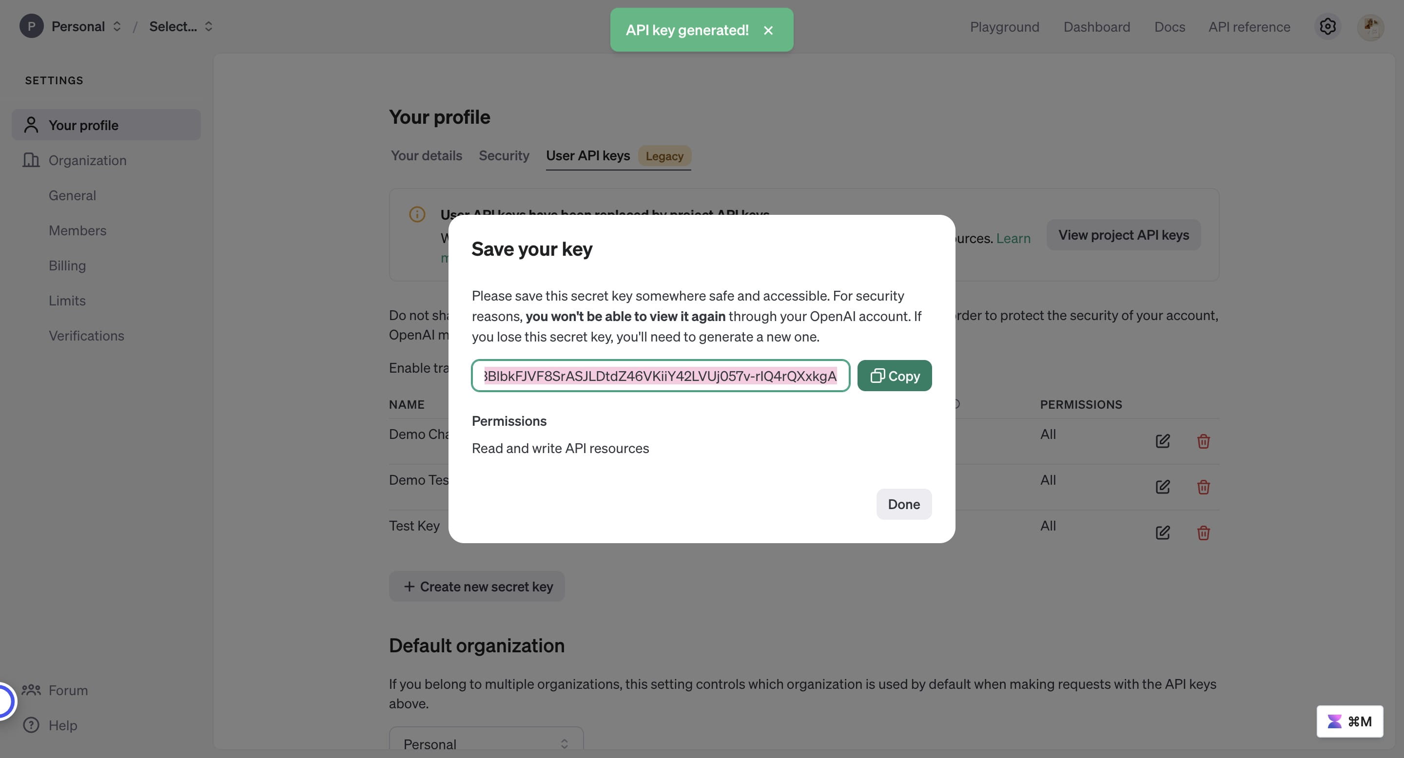 Copy this key and save it somewhere accessible to retrieve it later