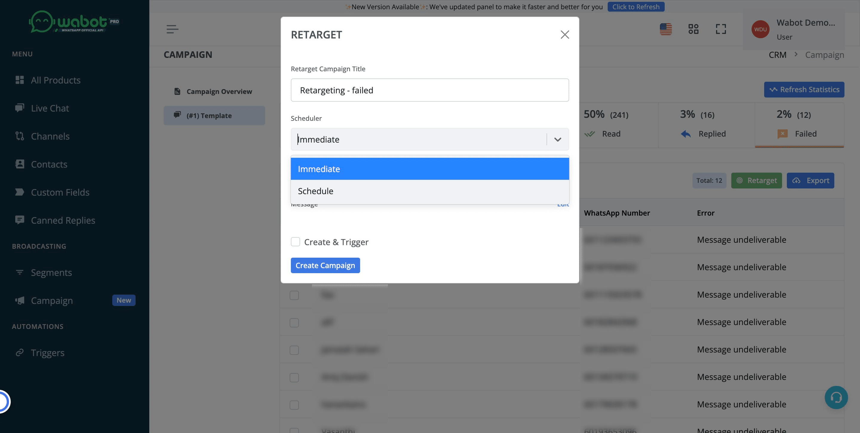 Choose whether to blast immediately or by schedule 