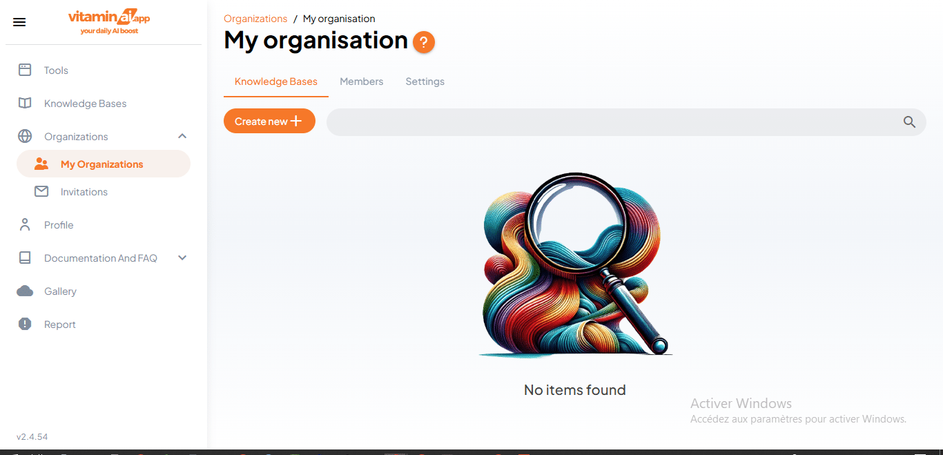 Click on "Create new" to create a new knowledge base