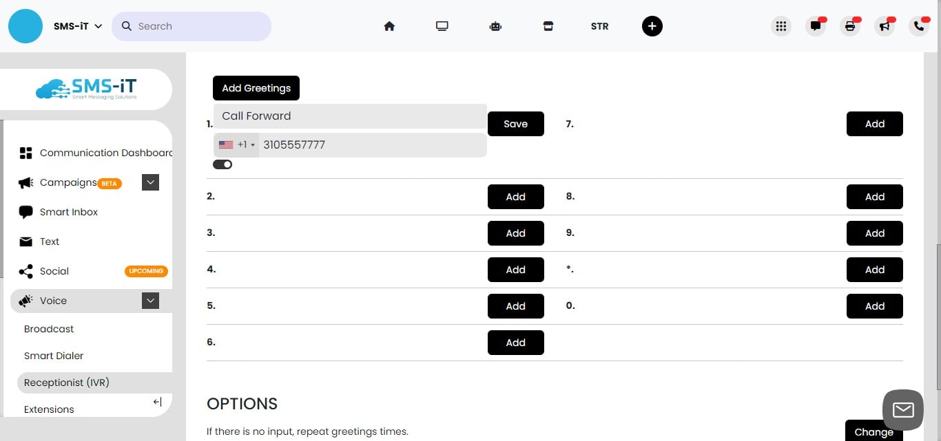 **Set Up Call Forwarding.**
For the first menu option, we'll use "Call Forward". This means that if the caller presses 1, the call will be forwarded to the phone number you specify. 

In this example, let's say you want to forward calls to your sales representative, Joe. Click "Add" next to option 1, then select "Call Forward" from the menu. Enter Joe's phone number, such as 3105557765, in the field provided.

Now, when a caller presses 1 during the IVR greeting, they will be automatically forwarded to Joe's number.