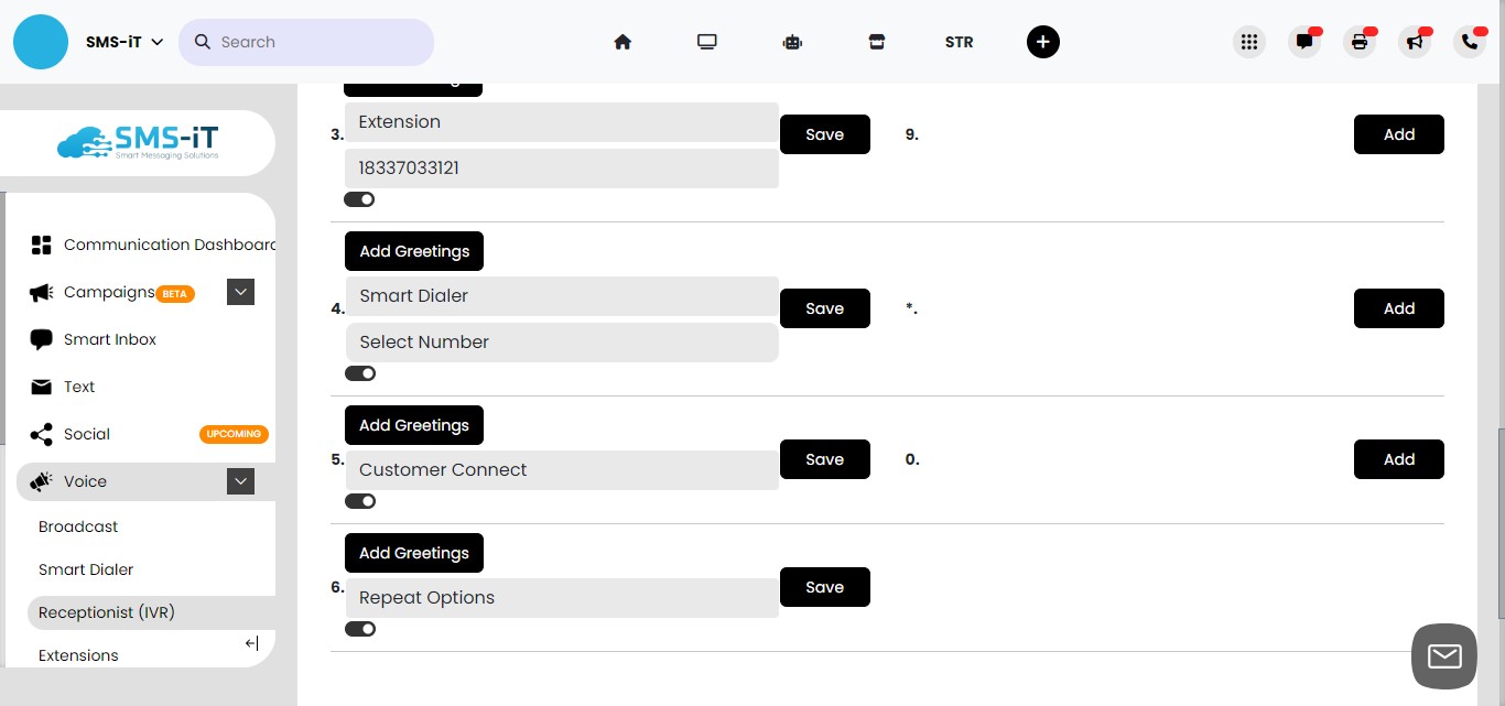 **Set Up Customer Connect.**
For the fifth menu option, we'll use the "Customer Connect" feature to route callers to a live operator who can then connect them with an available salesperson.

Click "Add" next to option 5 and select "Customer Connect" from the menu. This will automatically direct the caller to a live operator when they press 5.

The operator will then be able to see which salespeople are available and connect the caller to the appropriate representative, either by transferring the call to their cell phone number or an internal extension.

Using Customer Connect allows for a more personalized experience, as the live operator can greet the caller and determine the best salesperson to assist them based on their needs.