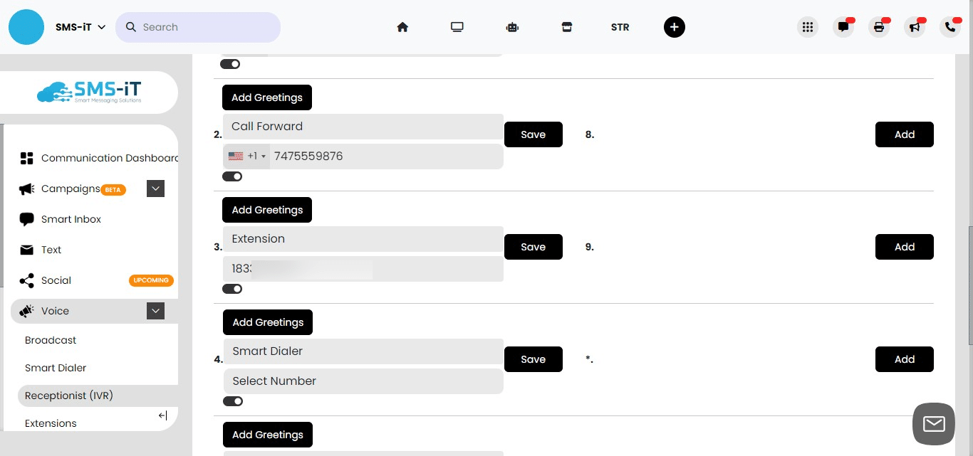 **Set Up an Extension.**
For the third menu option, we'll route calls to an internal extension within the SMS-iT system. This is useful for directing callers to a specific department or employee without needing an external phone number.

To set this up, click "Add" next to option 3 and select "Extension" from the menu. In the pulldown menu select the extension number you want to use. 
Now, when a caller presses 3 during the IVR greeting, they will be connected to the number within your SMS-iT system.