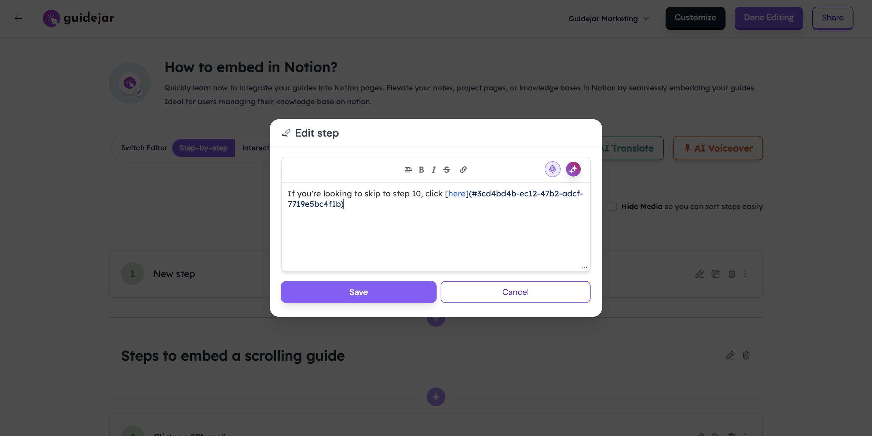 As you see below, enter the link in this format - #<step-id>
Here, the <step-id> is the value that you copied in [step 2](#c1b6c29d-4cce-428a-bbb5-a53fa3f91b3d)