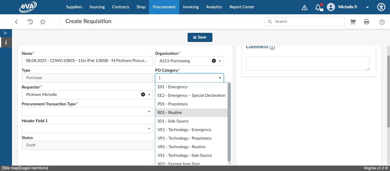 Select the PO Category: "R01 - Routine"