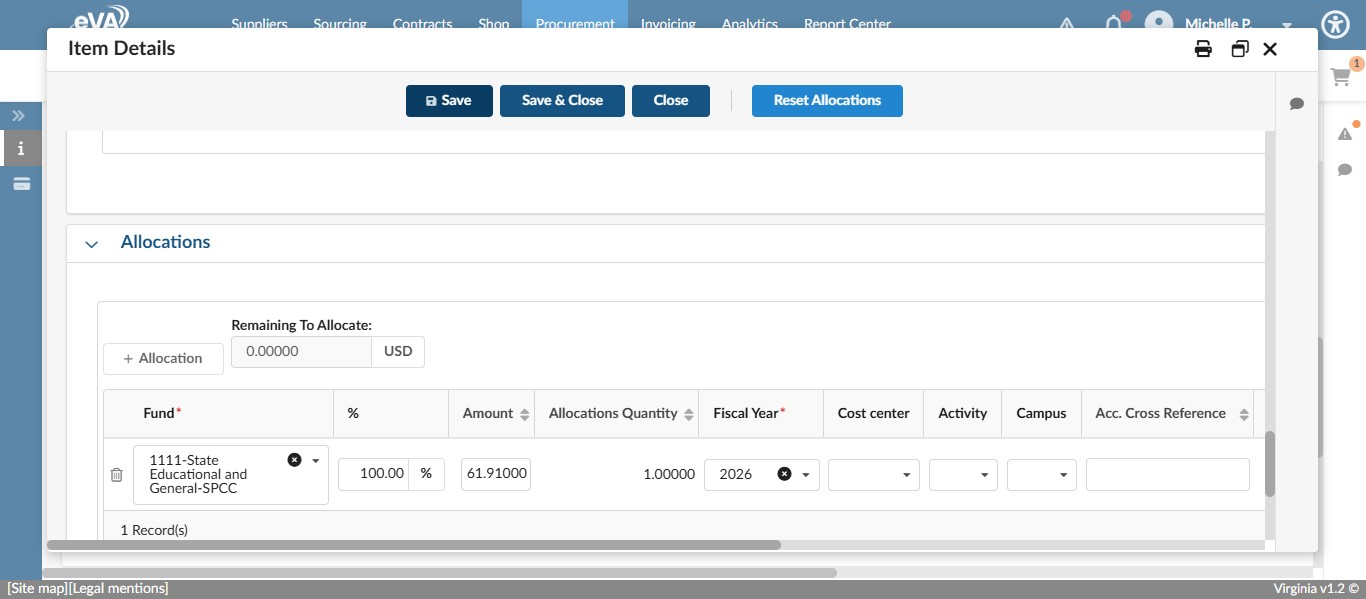 If you have to change the Account Code or FOAP information for the item, do so before saving again. In this case, we don't have to as warranties get coded to the same account as the item being purchased. 