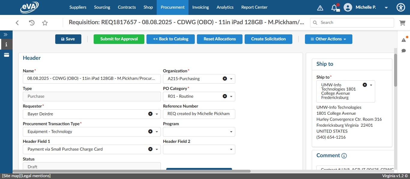 Once the Cardholder is selected, you need to select the appropriate charge card for this requisition. Click on the pcard menu icon on the left.