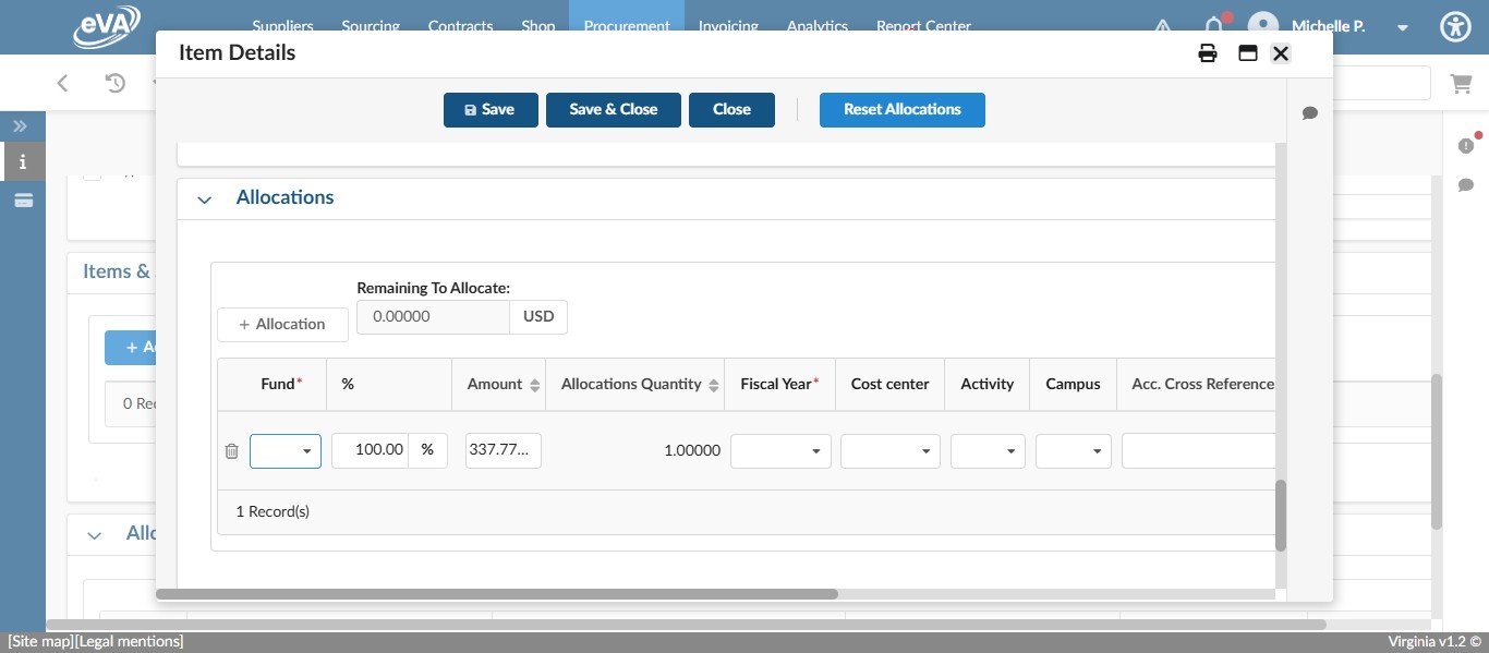 Once Saved, the Allocations section will become available. Enter the Fund Code.