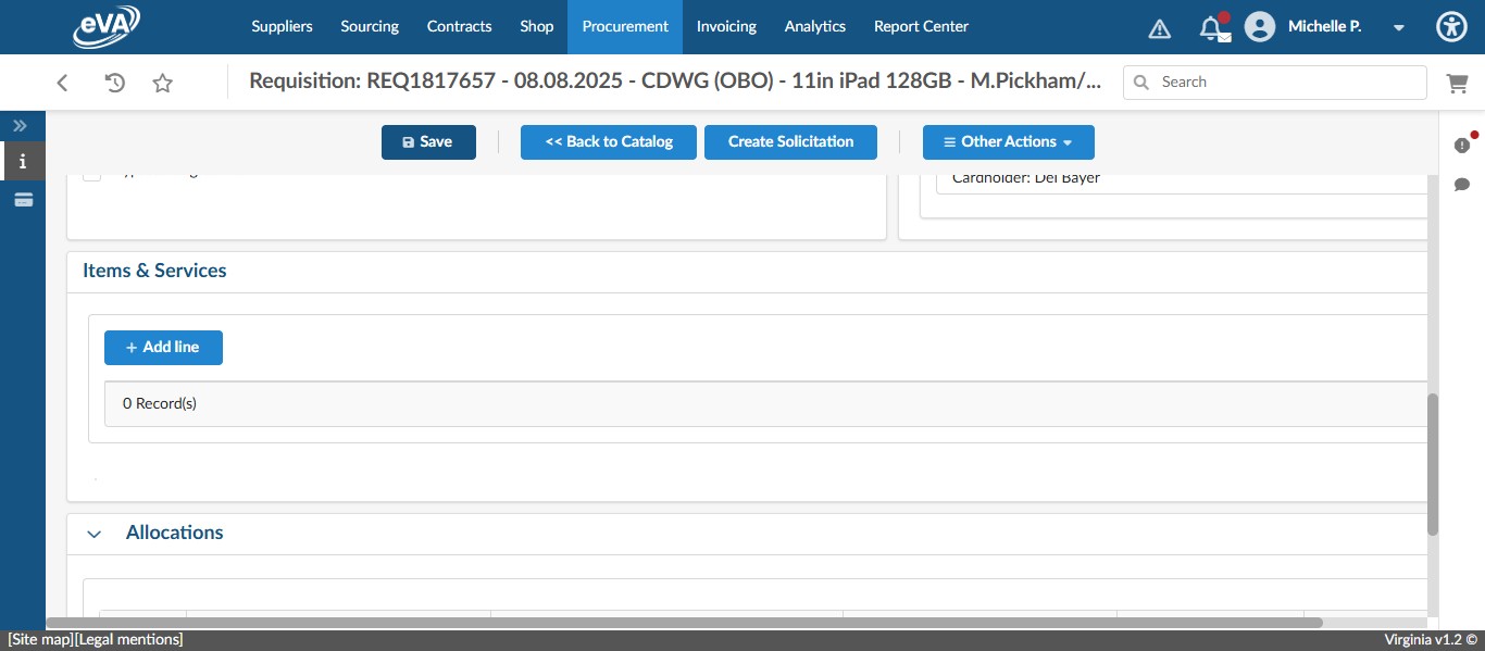 Scroll down to the Items & Services section. Click on + Add line to begin adding a line item. 