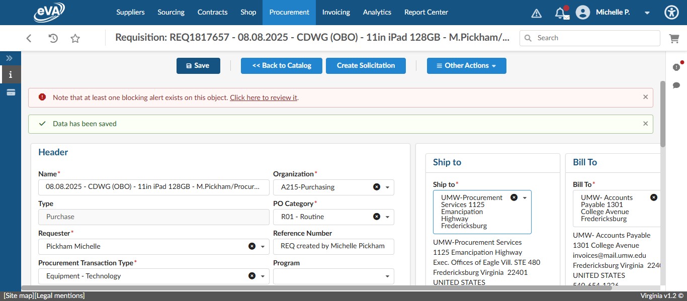 If the item is a computer, printer, or anything that IT needs to "touch" prior to the end user being able to use it, change the shipping address to the IT Business Office. If the item is anything that is "plug-and-play" an easily installed by the user, change the shipping address to the recipient department address. In this case, we are shipping to the IT Business Office.