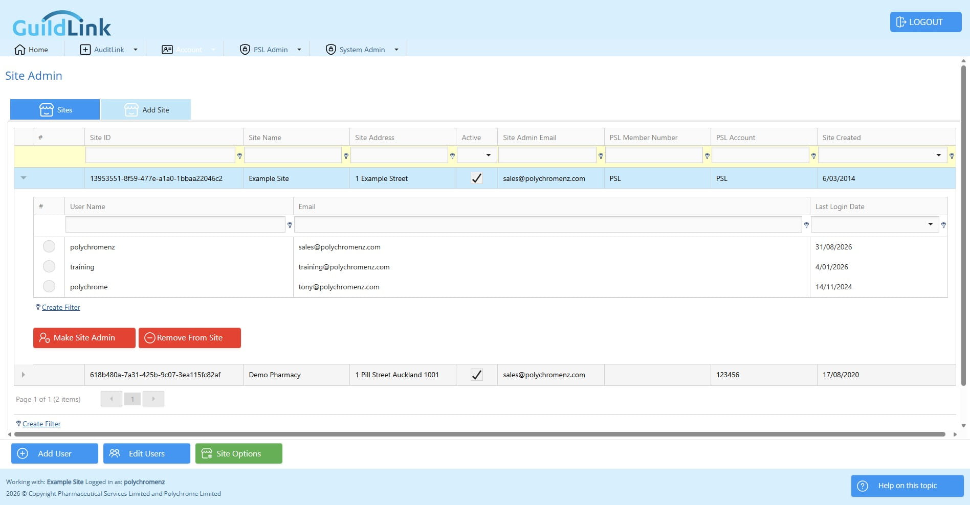 You can expand the row to see a list of users and optionally promote a user to the site admin or remove a user form the site.
