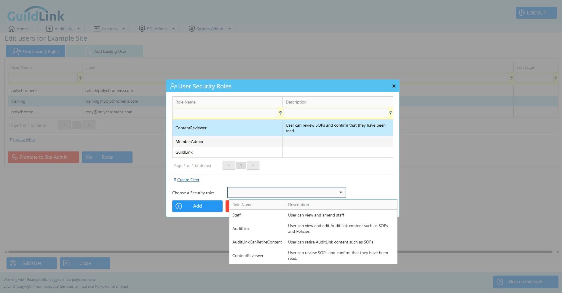 You can choose a security role and then add or remove it from a user. In the list of roles you can see a description of that that role enables. For example, adding staff will allow this user to view and amend staff withing GuildLink so be careful when adding roles.