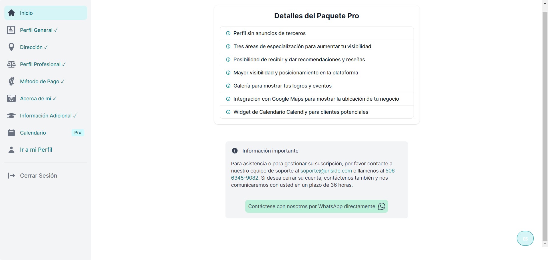 Al ingresar, podrá observar en la plataforma una nota que indica cómo eliminar o suspender su cuenta. Por lo tanto, haga clic en 'Contáctese con nosotros por WhatsApp directamente'.
