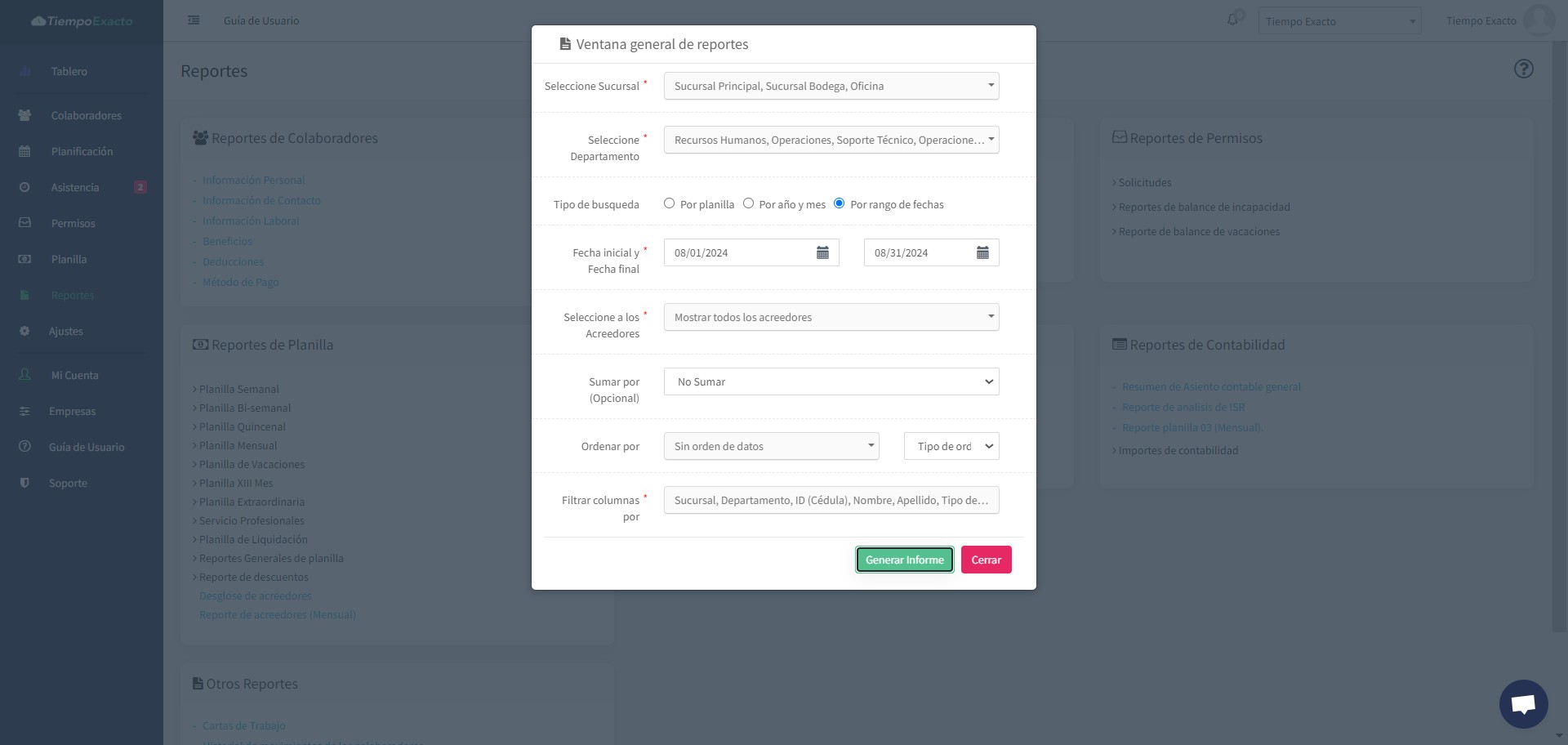 Por último daremos click en "Generar Informe" y el sistema inicirá una descarga en un archivo excel
