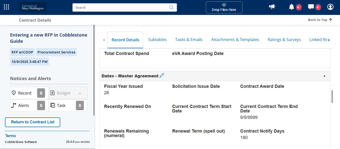 Scroll to the Master Agreement Dates section and you can fill in the fields individually or click on the pencil next to the section for a mass edit.
