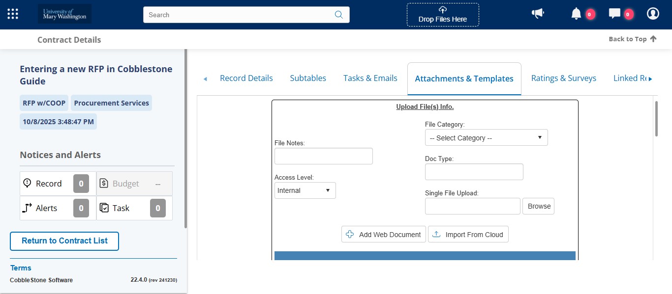 You can drag and drop the file or click to browse and upload. Once all documents are uploaded, you are done with the record.