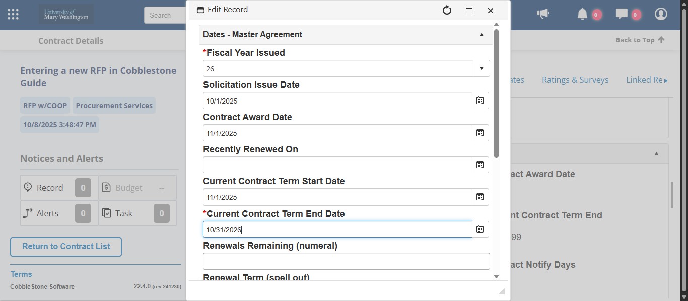 If your contract includes renewals, you will want to enter how many renewal options are available in the Renewals Remaining field.This should only be a numerical number such as 1, 3, 5, 10, etc. Not "one", "four one-year", etc. This contract has 4 one-year renewal options bringing the contract to a total of 5 years, so in the Renewals Remaining field, you would enter 4.