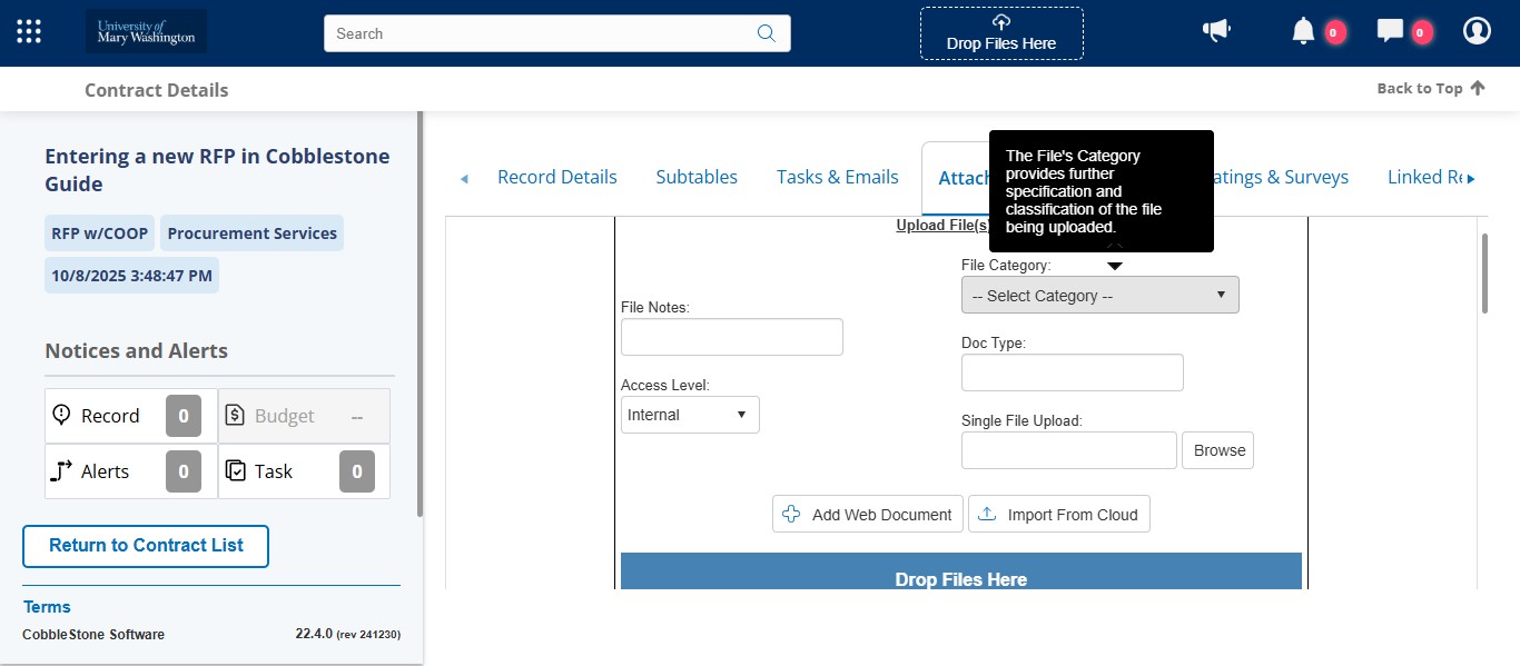 For the typical solicitation and contract documents, select the appropriate File Category which helps to organize the documents.