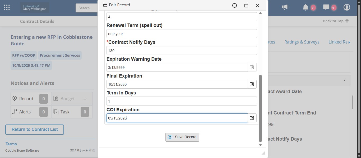 Once you've completed all the dates, click Save Record.
