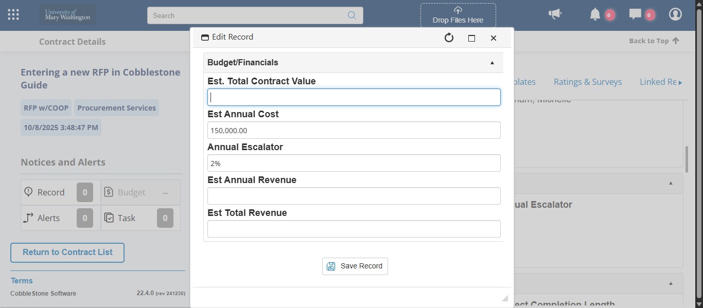 Do the calculation for the total estimated contract value including any renewal options for this field. You should make sure to take into account any annual escalator for this calculation.