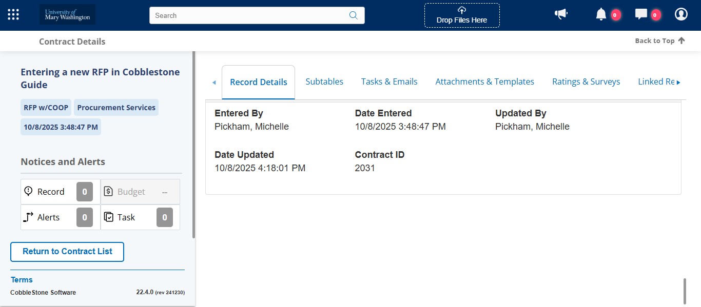 Now we need to assign the Contract Administrator and Procurement Services as employees to ensure they receive the Cobblestone Contract Alerts for this record.