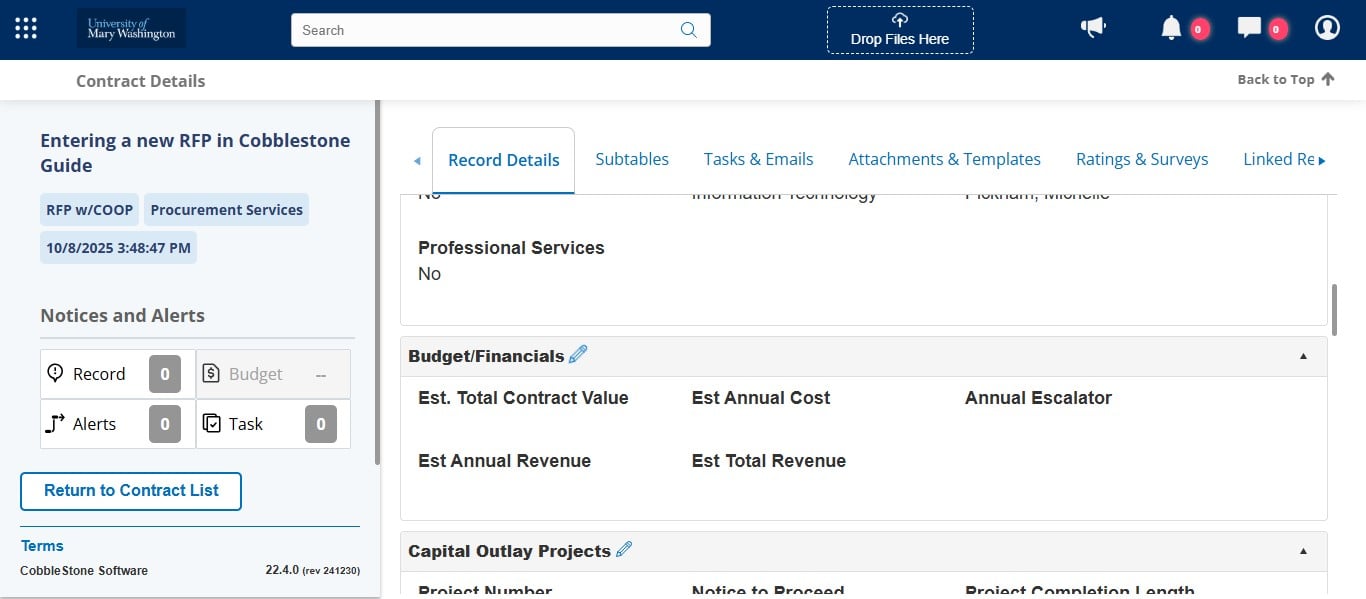 Now that the contract has been awarded, you should have all the required budget and financial information. Click the pencil icon for this section to do a bulk fill for these fields, or enter them individually.