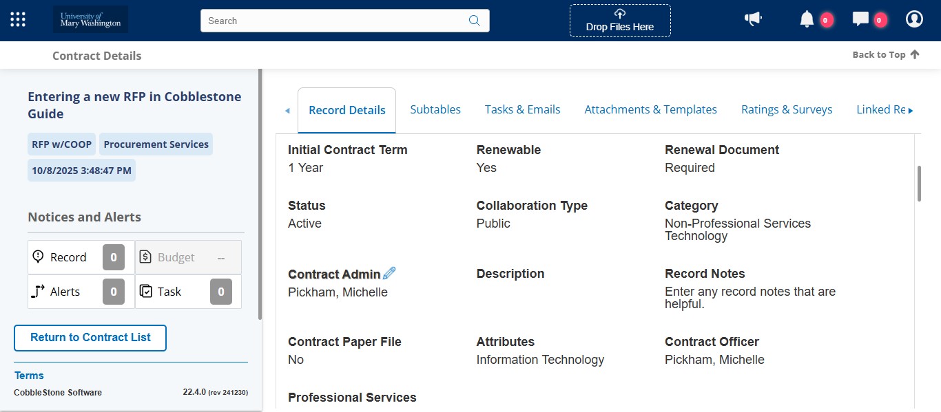 If you've received the signed Contract Administrator form from the expected Contract Admin, change the Contract Admin field accordingly via the drop down. If the person has never been an active Contract Admin in the Cobblestone system before, you'll need to add them as an Employee Record. See the Guide for Adding an Employee/Contract Administrator.