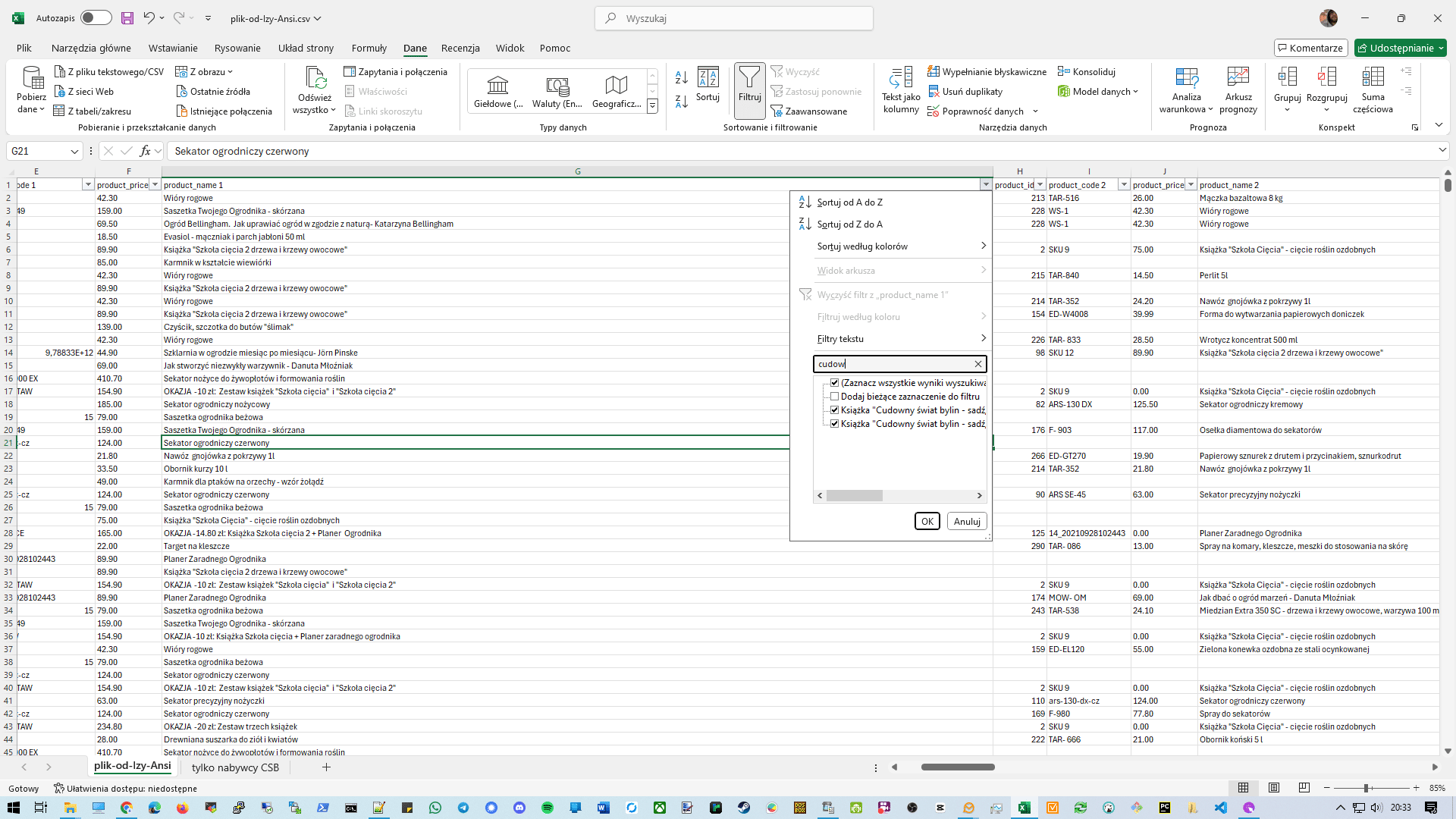 Wpisujemy część wyszukiwanego tekstu w pole tekstowe - poniżej pojawią się pasujące elementy jakie występują w danej kolumnie. Możemy rozszerzyć to okienko klikając tu. 