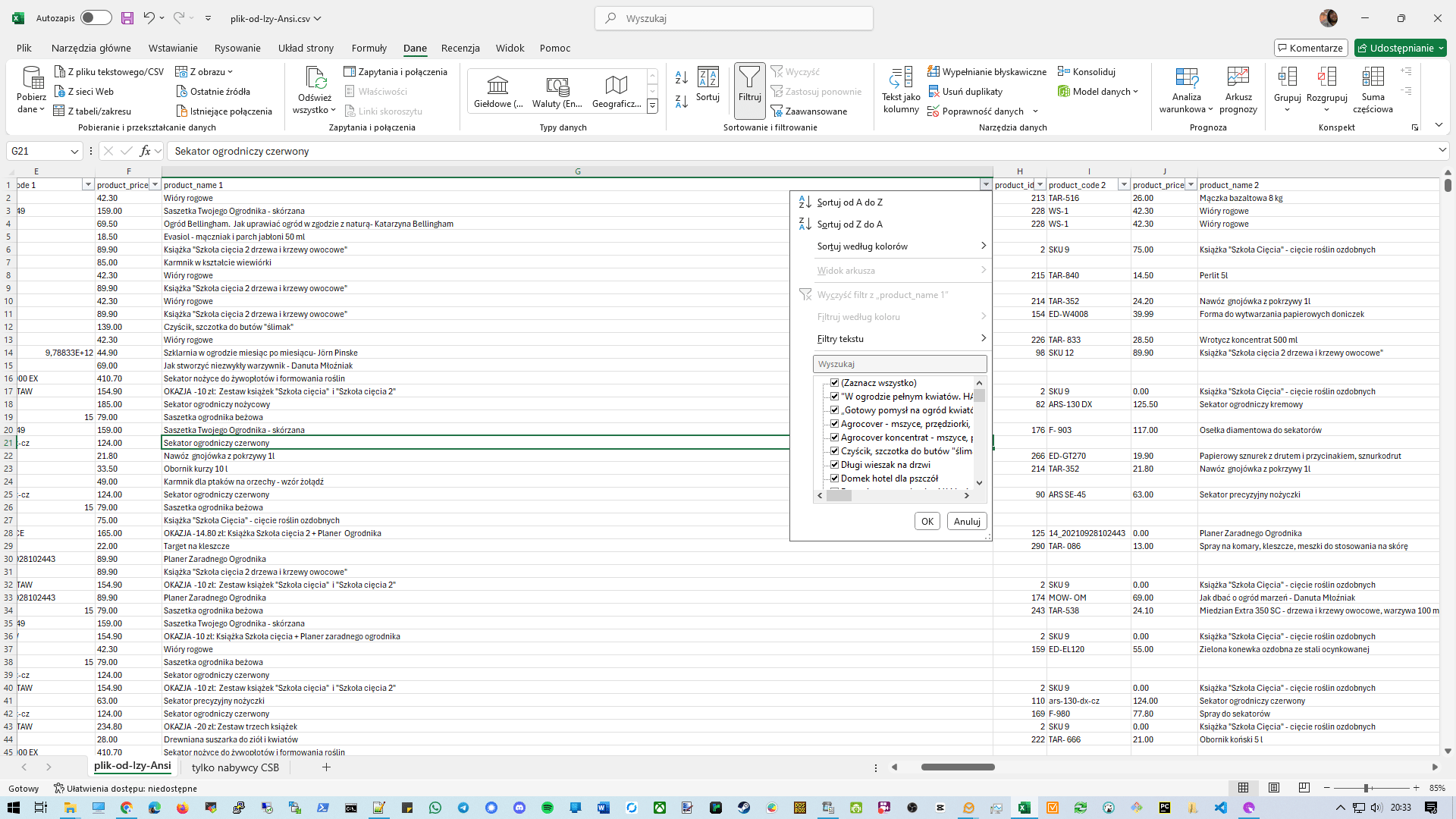 I już możemy np. sortować kolumny (wraz ze wszystkimi innymi, sortowanie działa na całym arkuszu a nie tylko 1 kolumnie). Mamy też bardzo przydatną opcję filtrowania, z której skorzystamy w tym wypadku. 