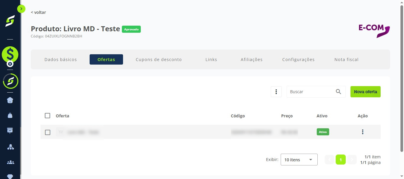 Acesse a aba "Ofertas" e clique em "Nova oferta".