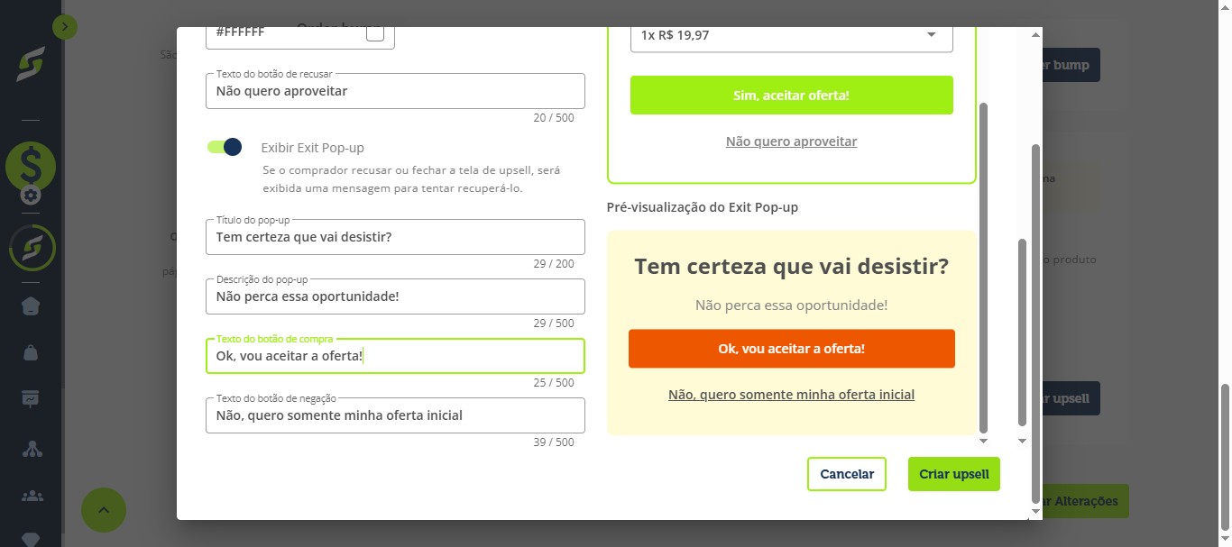 Clique em "Criar upsell".