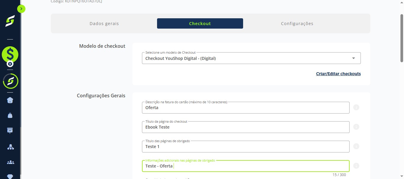 Clique na aba "Checkout", selecione o modelo "Checkout Youshop Digital" e preencha os campos desejados.