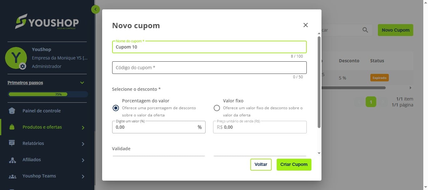 Preencha as informações do cupom, como:
- Nome do cupom
- Código do cupom