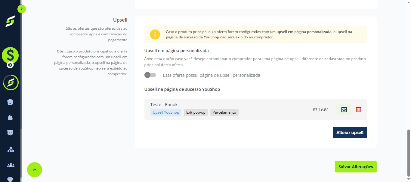 Caso precise revisar ou modificar o upsell, clique em "Alterar upsell".
