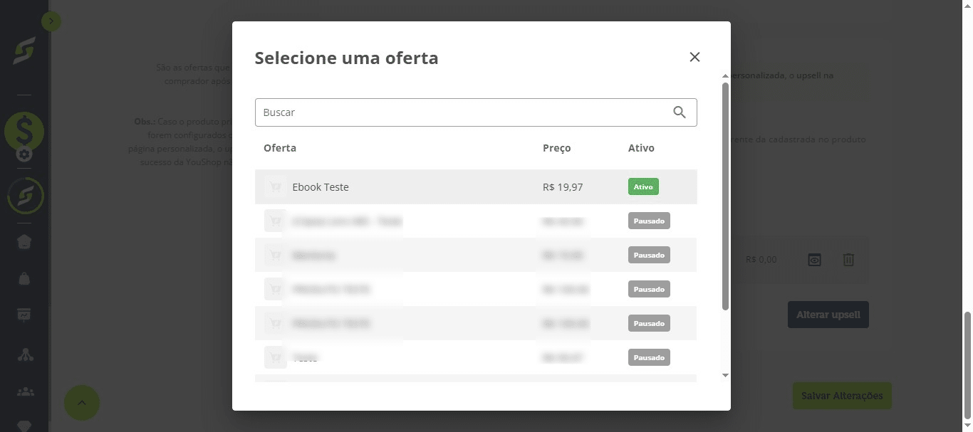 Selecione a oferta que será utilizada no upsell.