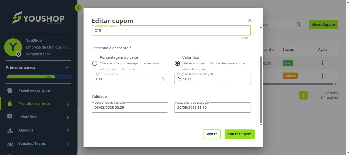 Altere as informações desejadas e clique em **"Editar Cupom"** para salvar.