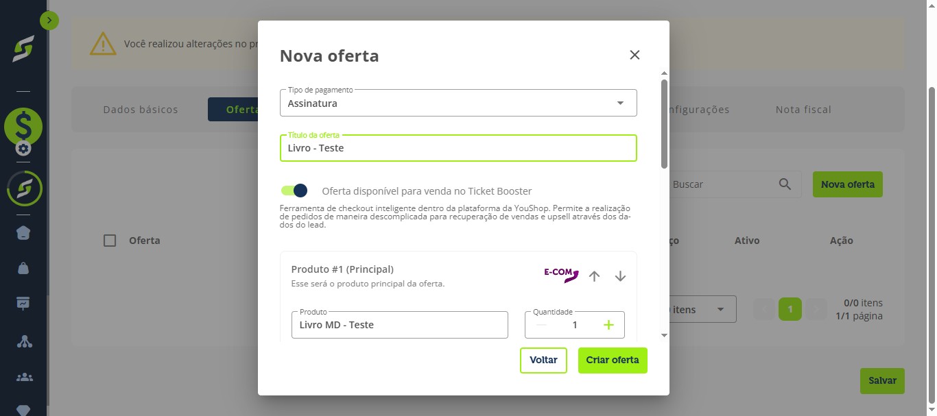 Selecione "Assinatura" como tipo de pagamento e adicione o título da oferta.
