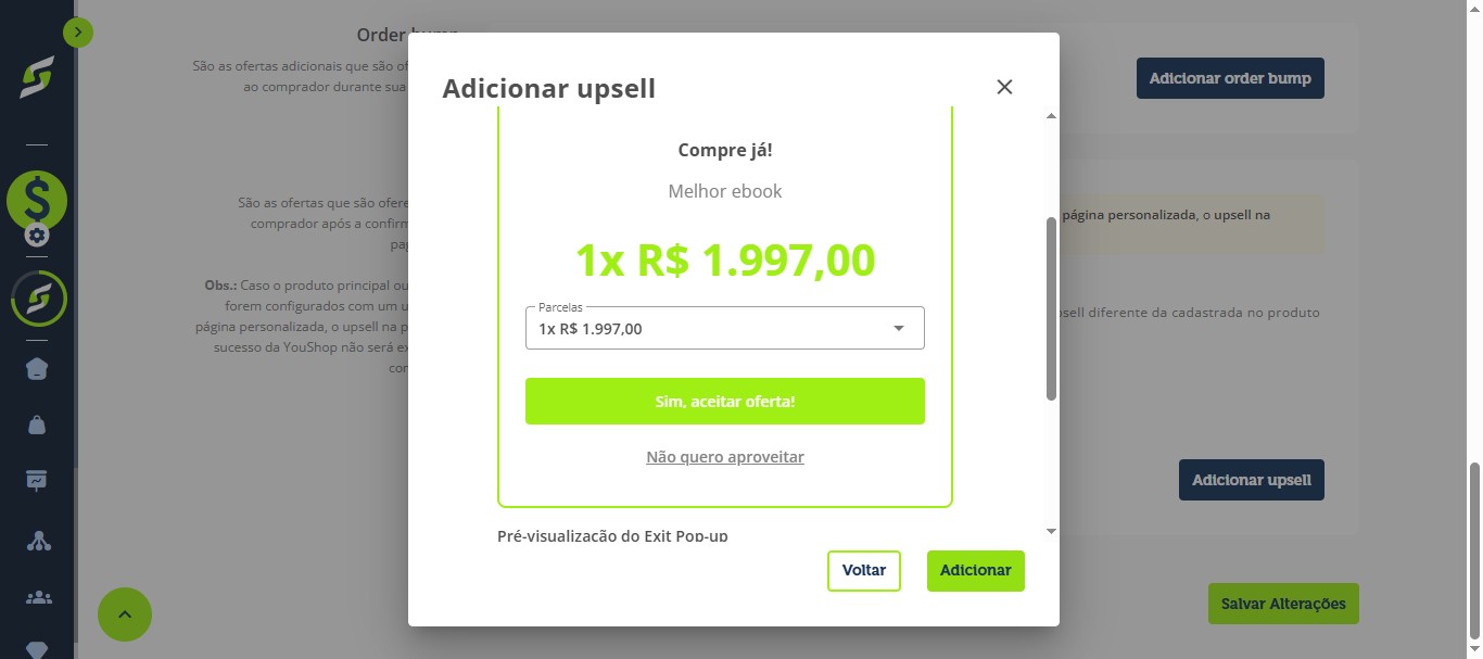 Clique em "Adicionar" para vincular o upsell à oferta.