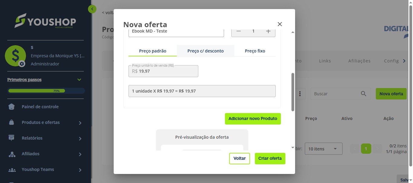 Configure as opções de preço que serão cobradas na assinatura.