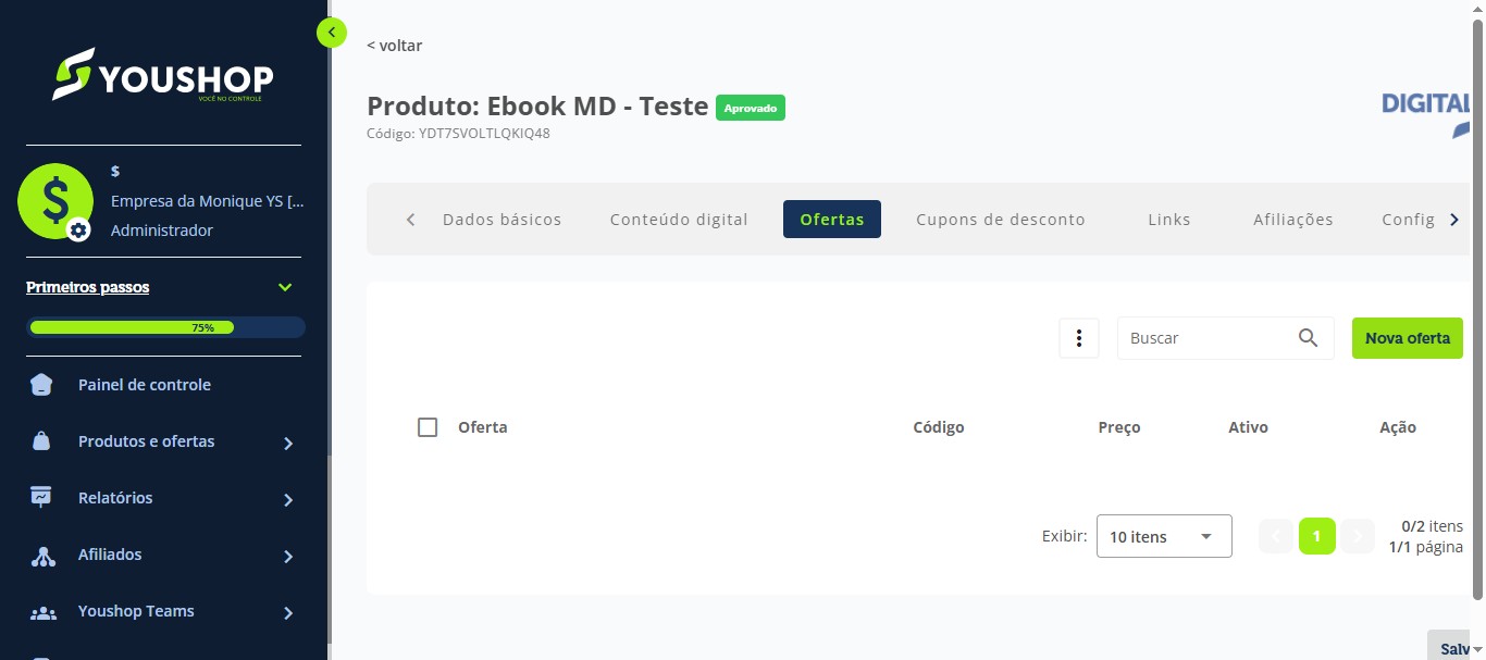 Acesse a aba "Ofertas" e clique em "Nova Oferta".