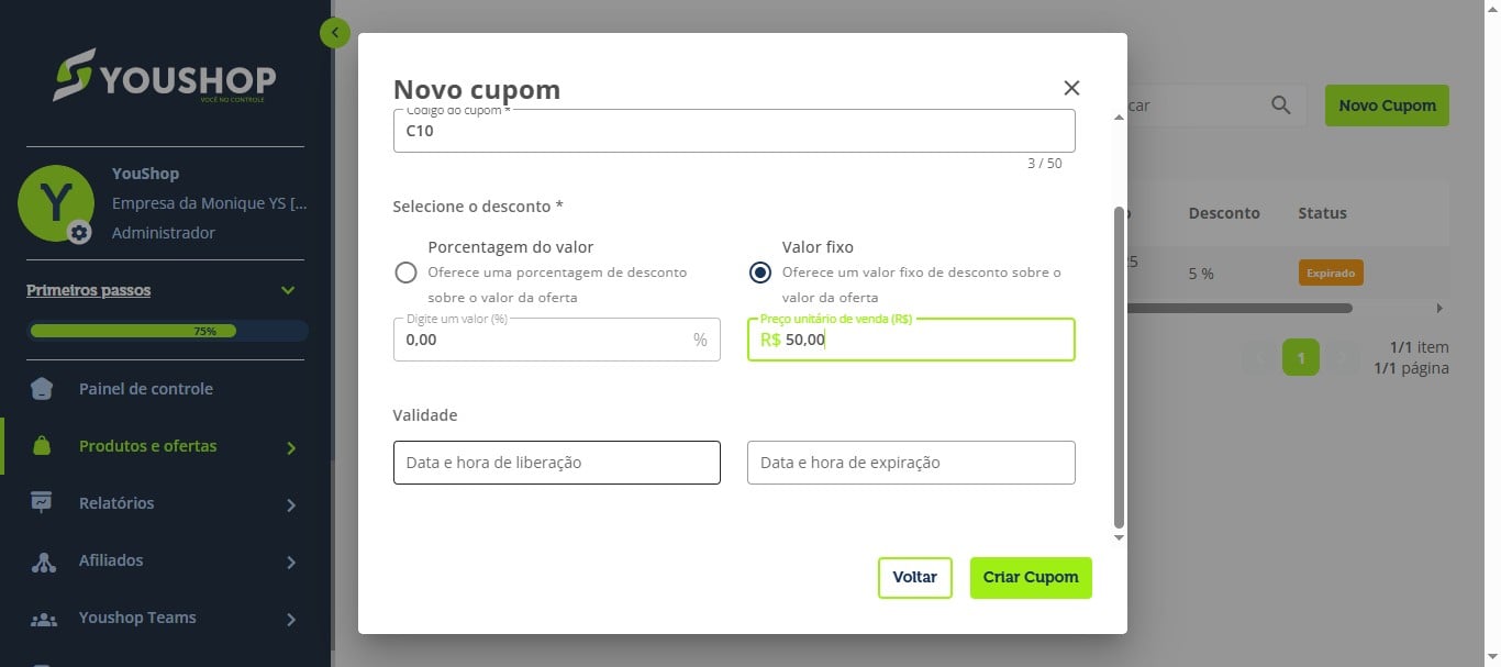 Defina o valor do desconto que será aplicado.