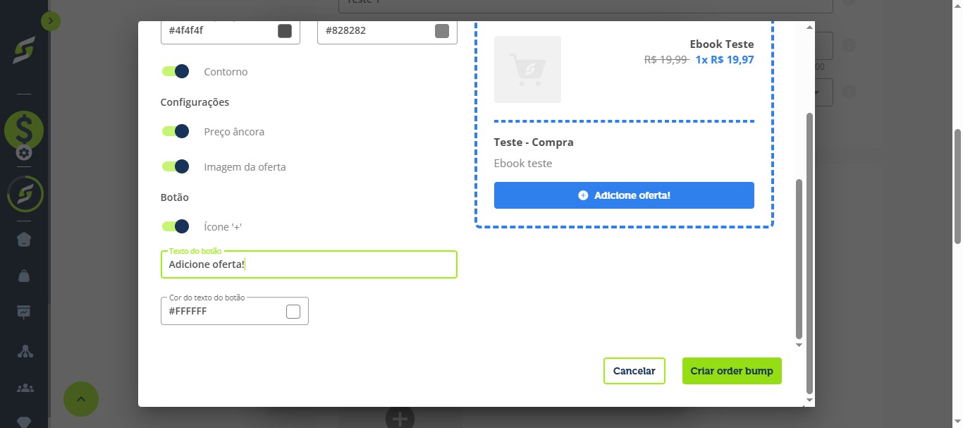 Clique em "Texto do botão" para definir o melhor texto para a sua oferta.