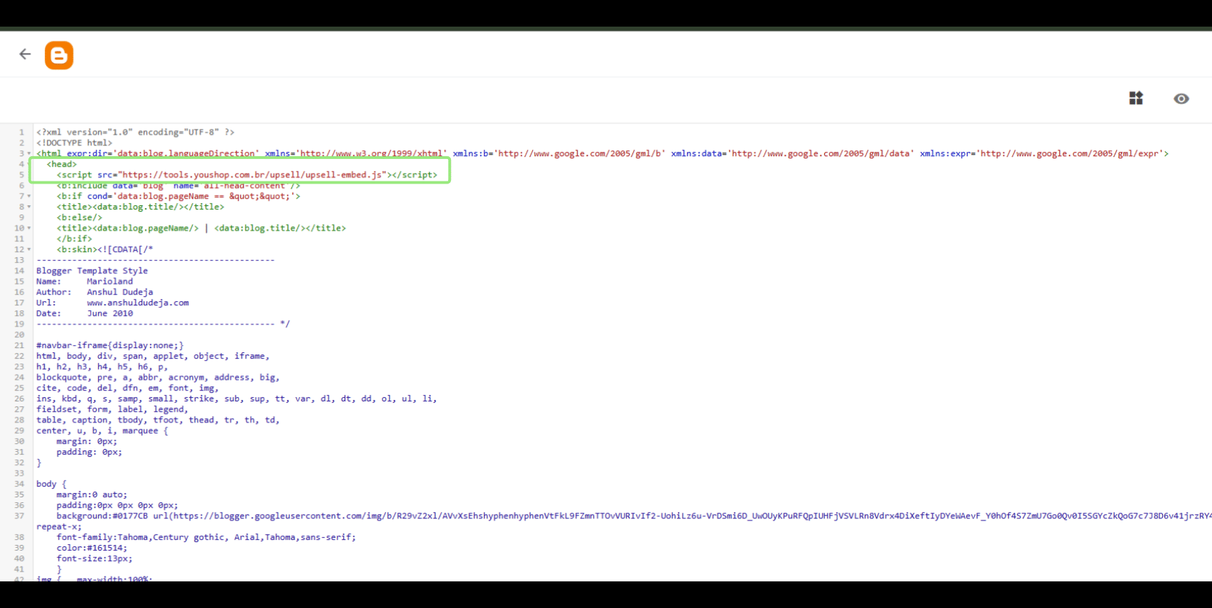 Logo abaixo da tag <head>, cole o script que você copiou na opção Pré-visualizar HTML.