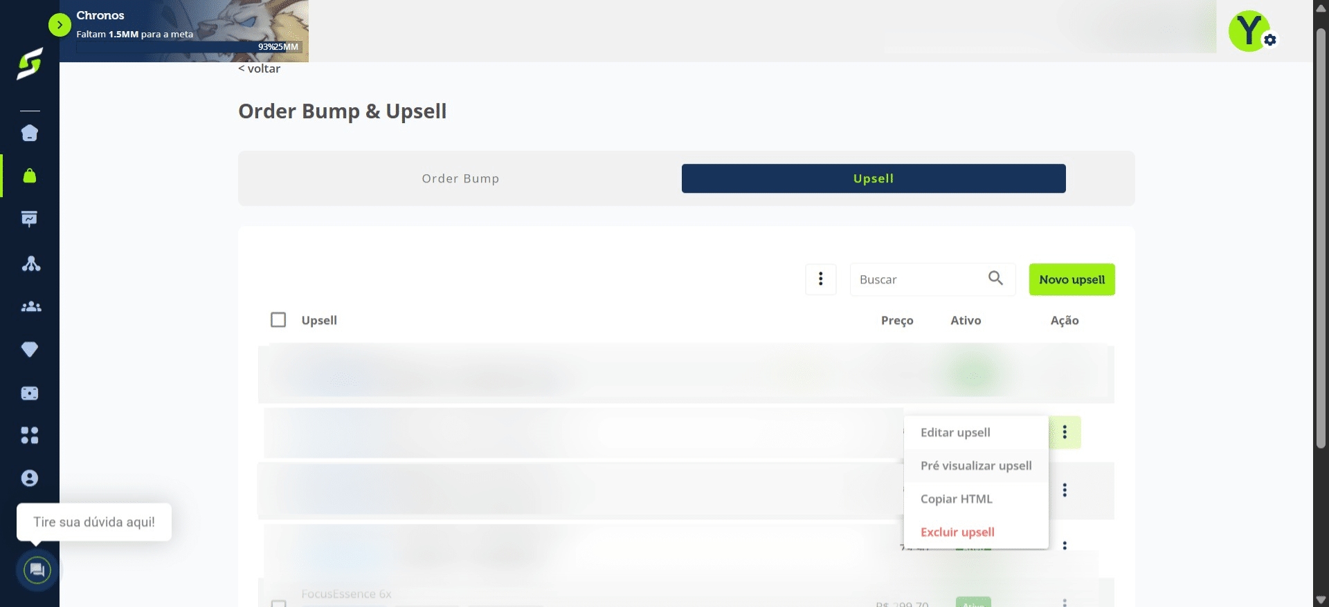 Você pode visualizar e copiar o código HTML ao selecionar a opção Pré-visualizar upsell.