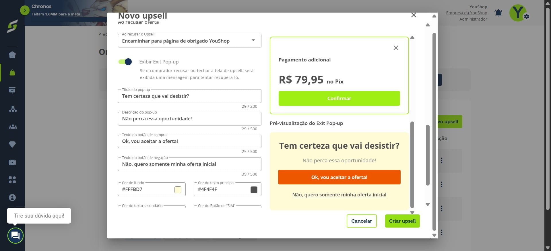 Ao concluir a configuração, clique em criar upsell.