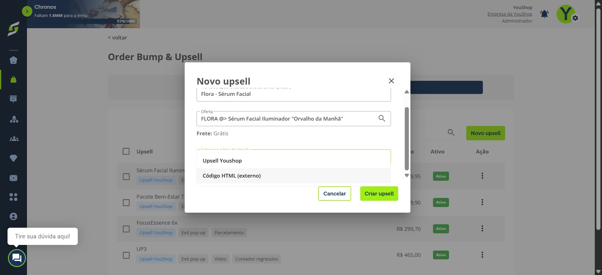 Informe o nome do seu Upsell e escolha o tipo de upsell como código HTML.